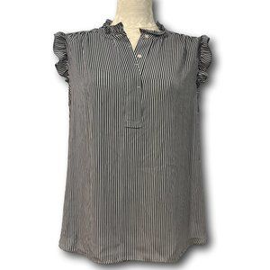 LOFT Black and White Vertical Stripe Ruffle Sleeve Blouse